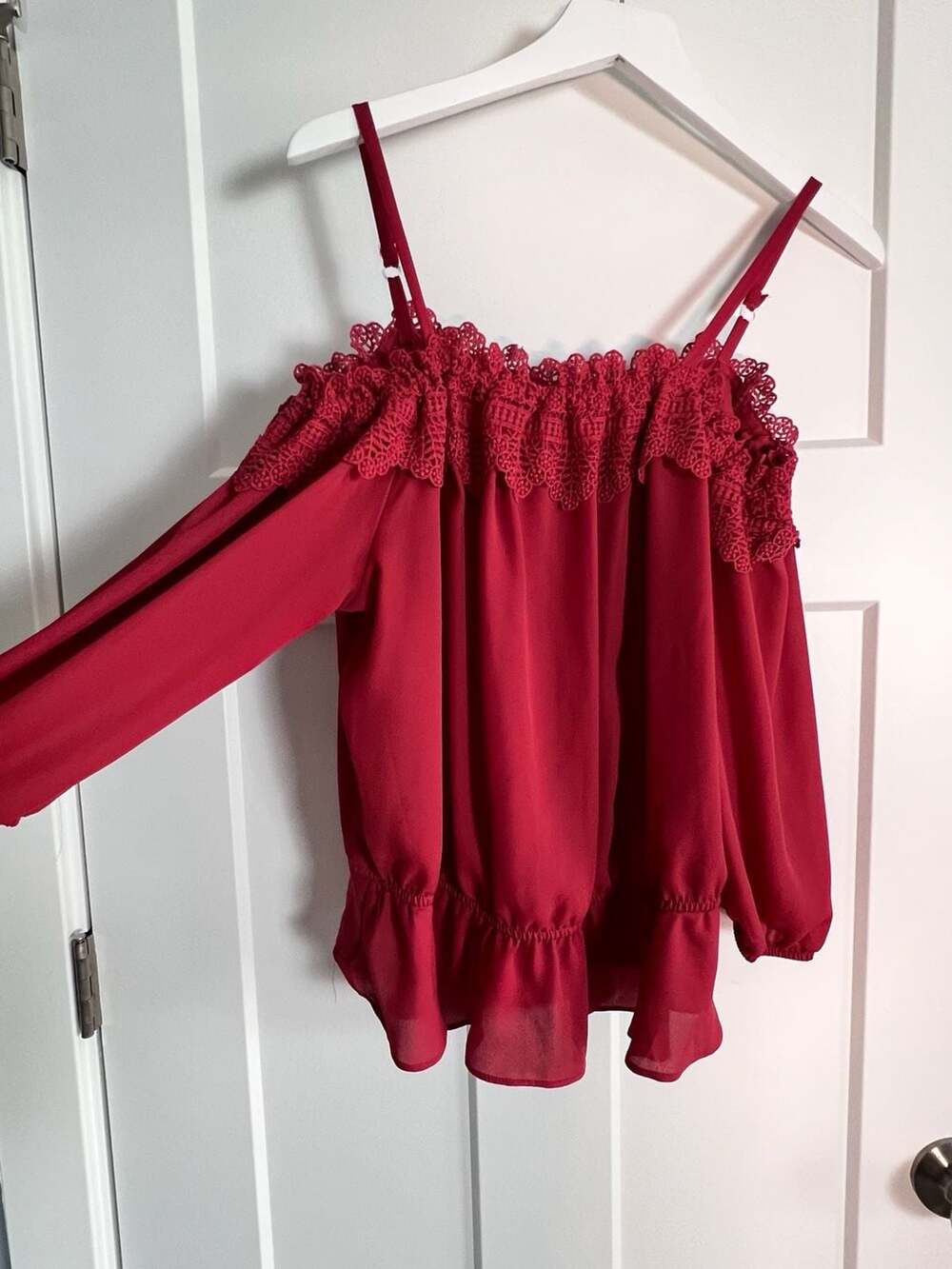 by & by Women's Red Cold-Shoulder Blouse with Lace Trim and Adjustable Spaghetti